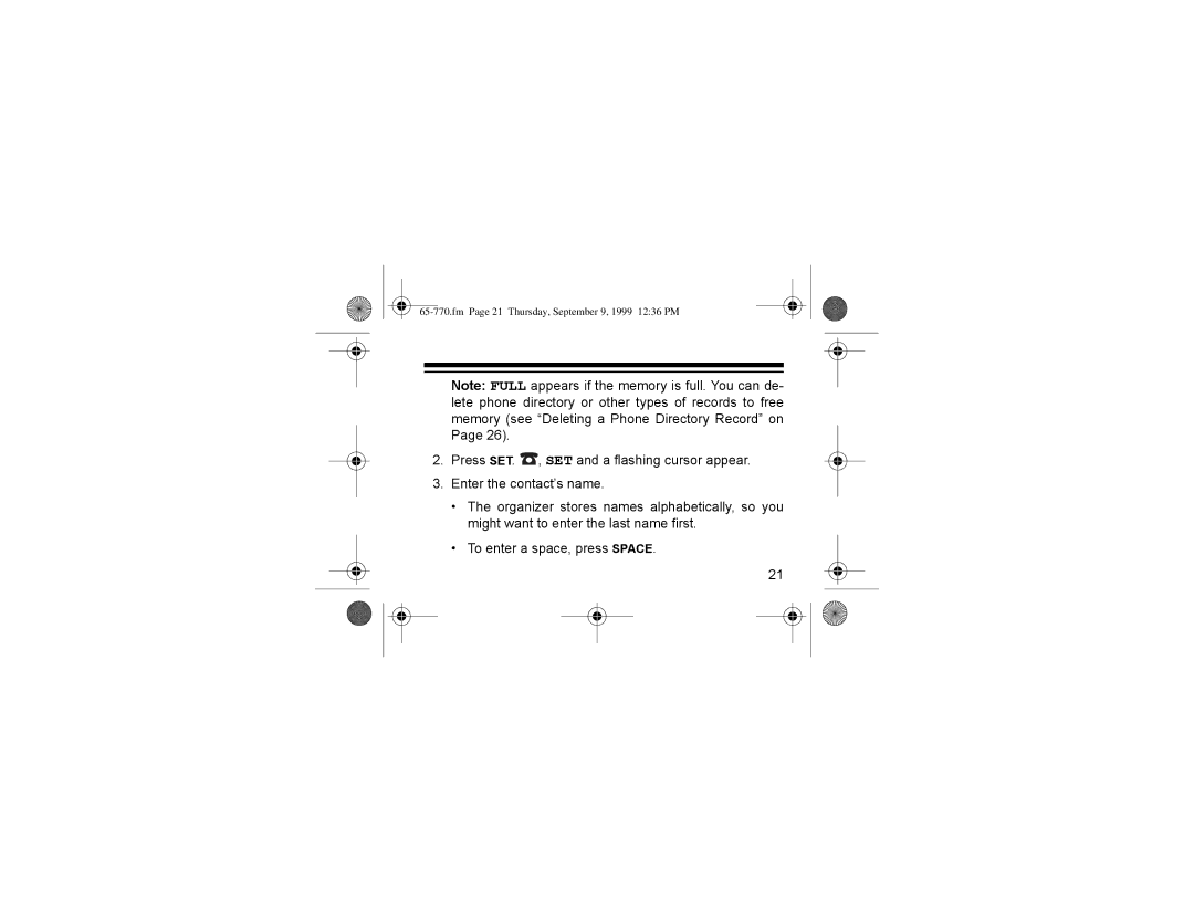 Radio Shack 65-770 manual ‡ 7R#HQWHU#D#VSDFH/#SUHVV#63$&1, Fm Page 21 Thursday, September 9, 1999 1236 PM 