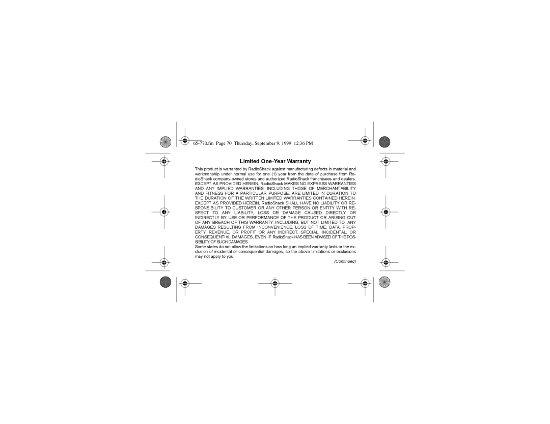 Radio Shack 65-770 manual LPLWHG#2QH0HDU#DUUDQW, Fm Page 70 Thursday, September 9, 1999 1236 PM 