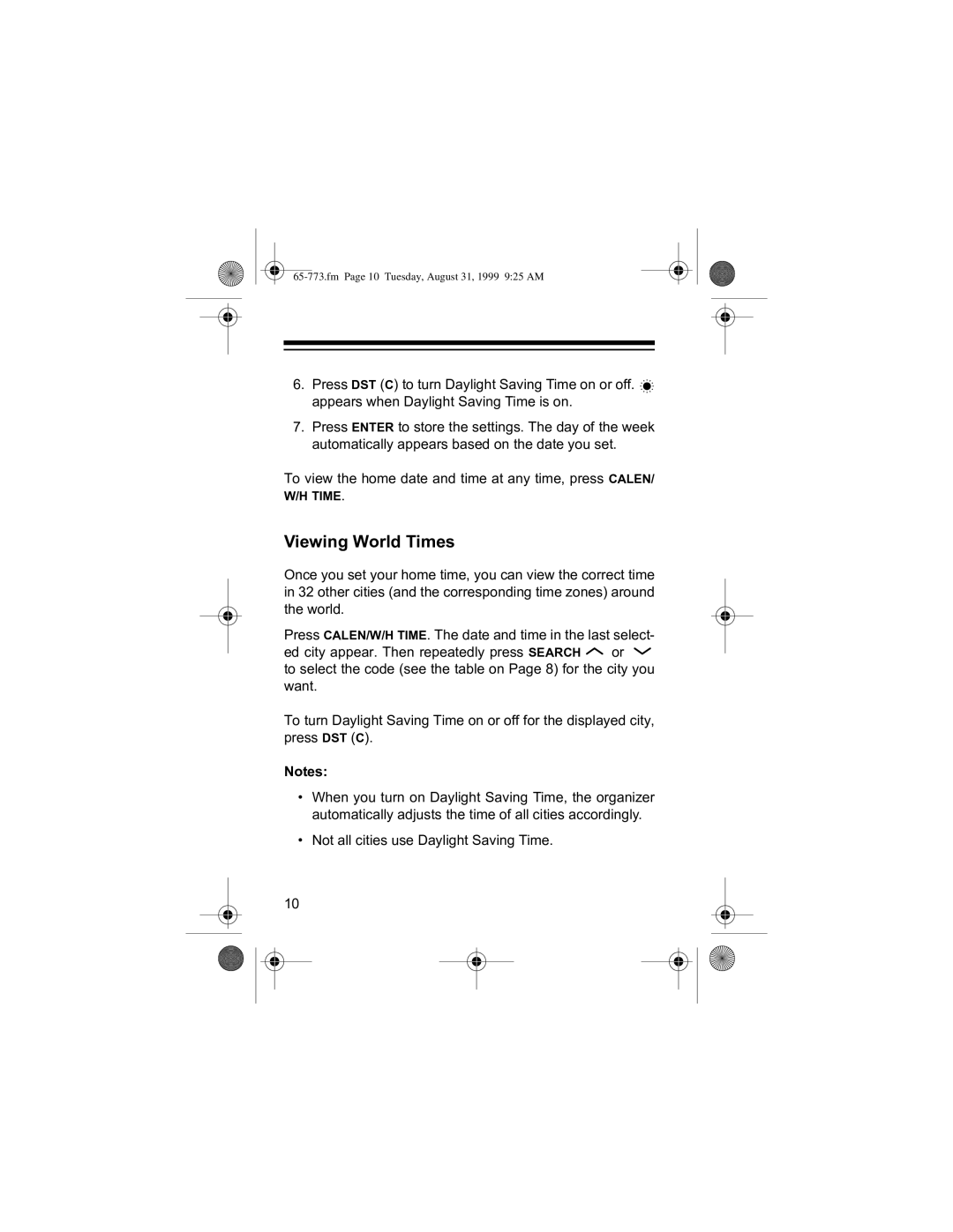 Radio Shack 65-773 manual 1RWHV=, ‡ 1RW#DOO#FLWLHV#XVH#D\OLJKW#6DYLQJ#7LPH1, Fm Page 10 Tuesday, August 31, 1999 925 AM 