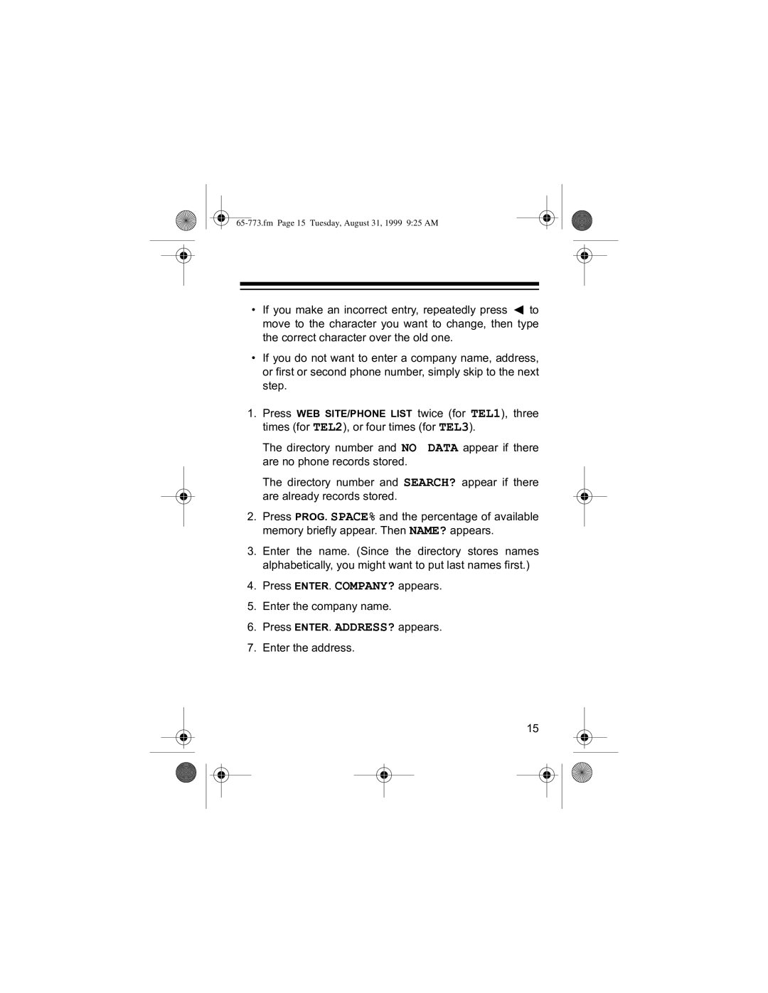 Radio Shack 65-773 manual 71 3UHVV#1751#&203$1#DSSHDUV1, QWHU#WKH#FRPSDQ\#QDPH1, Fm Page 15 Tuesday, August 31, 1999 925 AM 