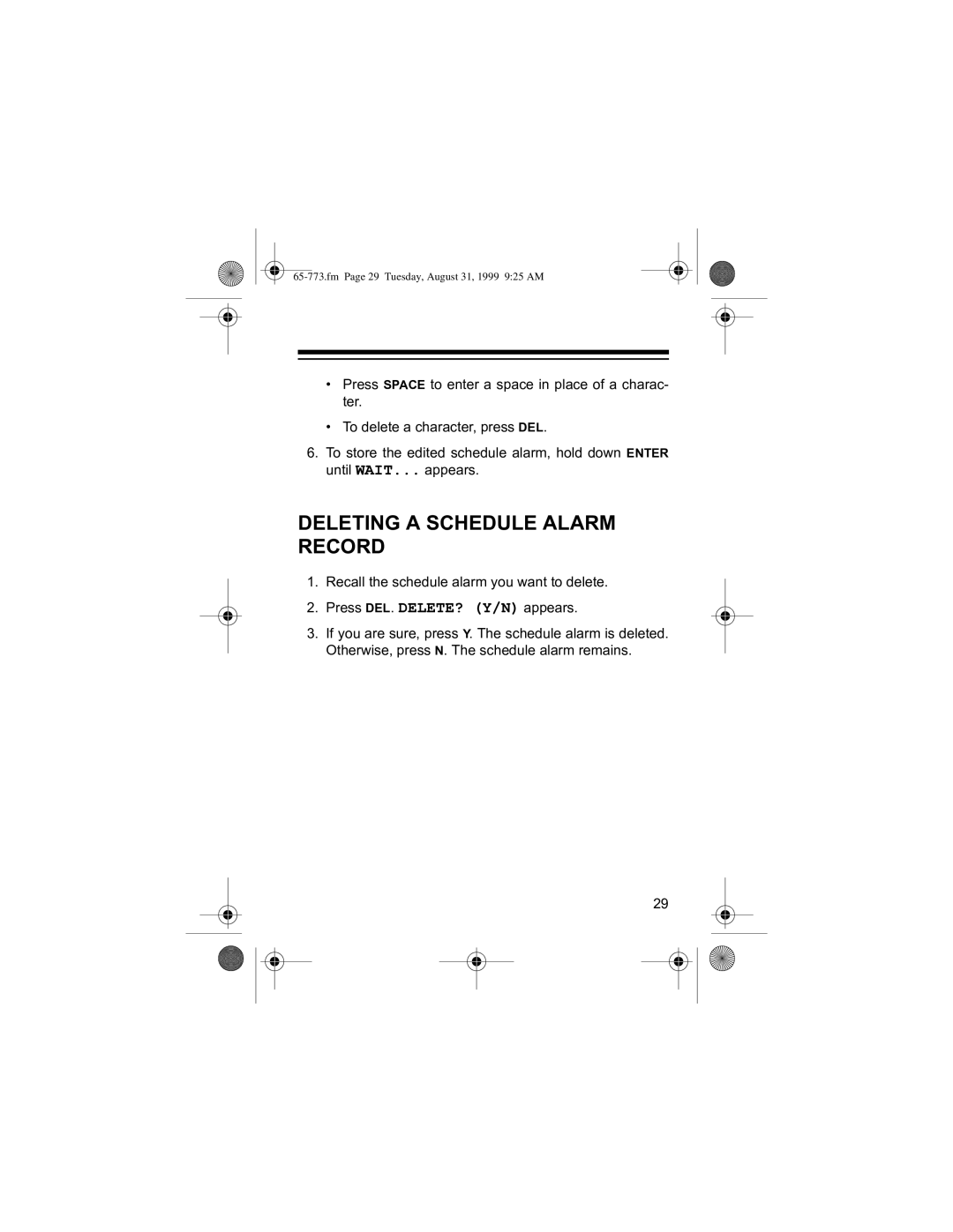 Radio Shack 65-773 manual 41 5HFDOO#WKH#VFKHGXOH#DODUP#\RX#ZDQW#WR#GHOHWH1, Fm Page 29 Tuesday, August 31, 1999 925 AM 