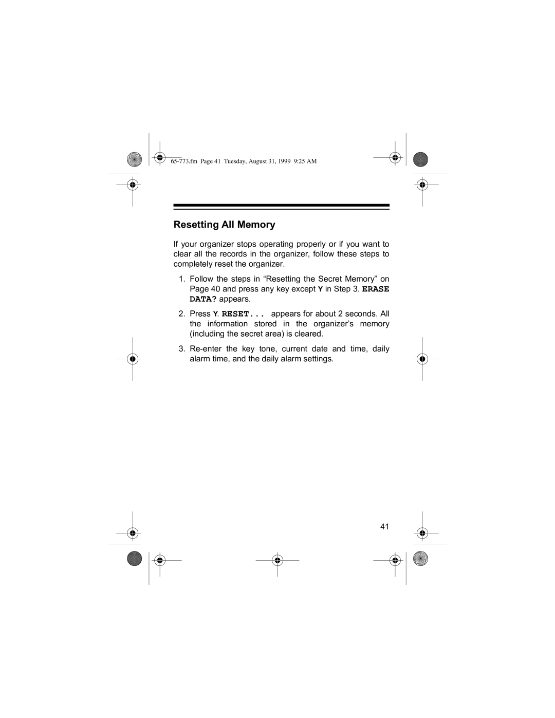 Radio Shack 65-773 manual 5HVHWWLQJ#$OO#0HPRU, Fm Page 41 Tuesday, August 31, 1999 925 AM 