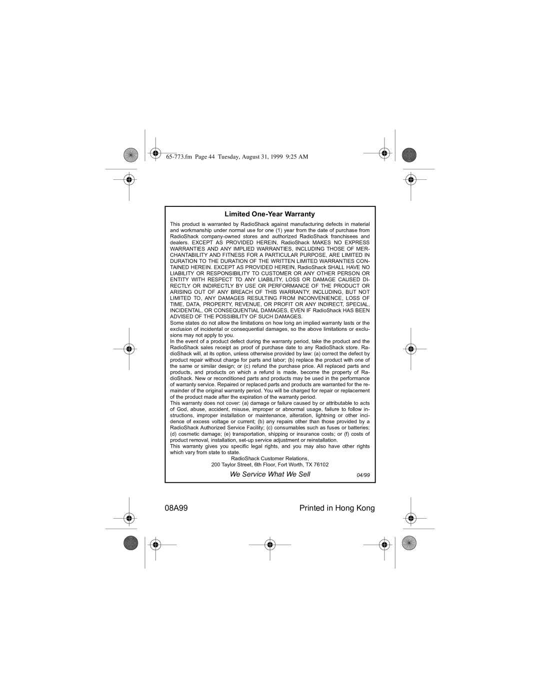 Radio Shack 65-773 manual LPLWHG#2QH0HDU#DUUDQW, Fm Page 44 Tuesday, August 31, 1999 925 AM 