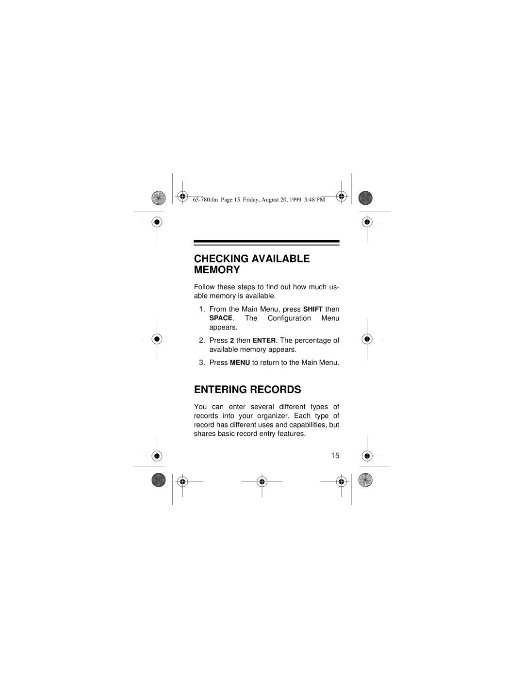 Radio Shack 65-780 owner manual Checking Available Memory, Entering Records 