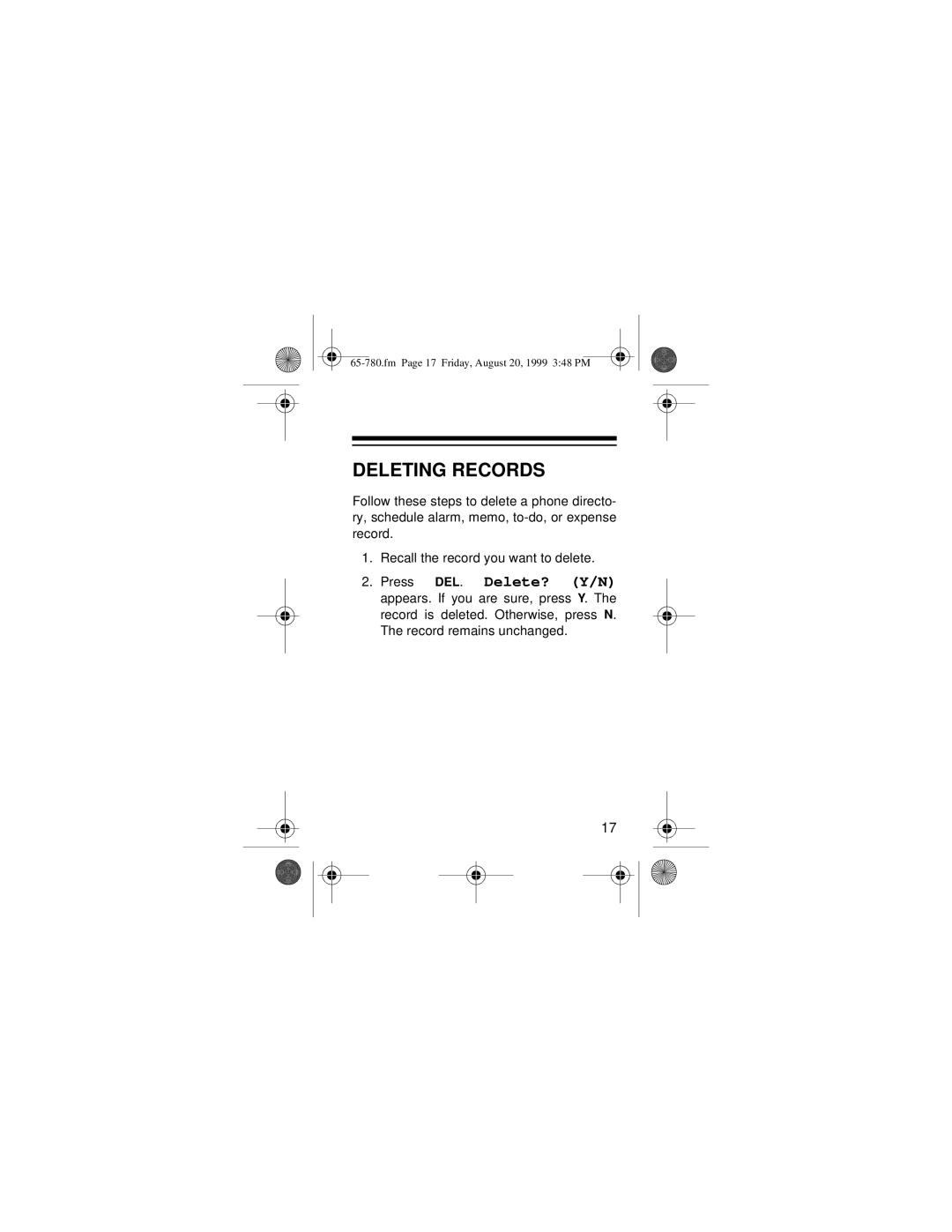 Radio Shack 65-780 owner manual Deleting Records 