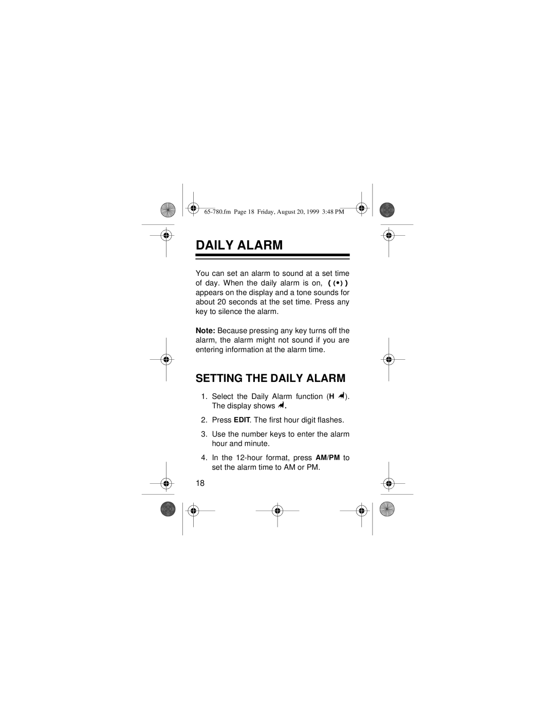 Radio Shack 65-780 owner manual Setting the Daily Alarm 