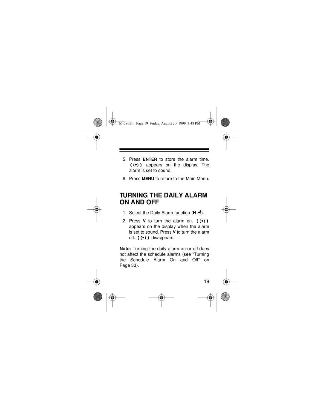 Radio Shack 65-780 owner manual Turning the Daily Alarm on and OFF 