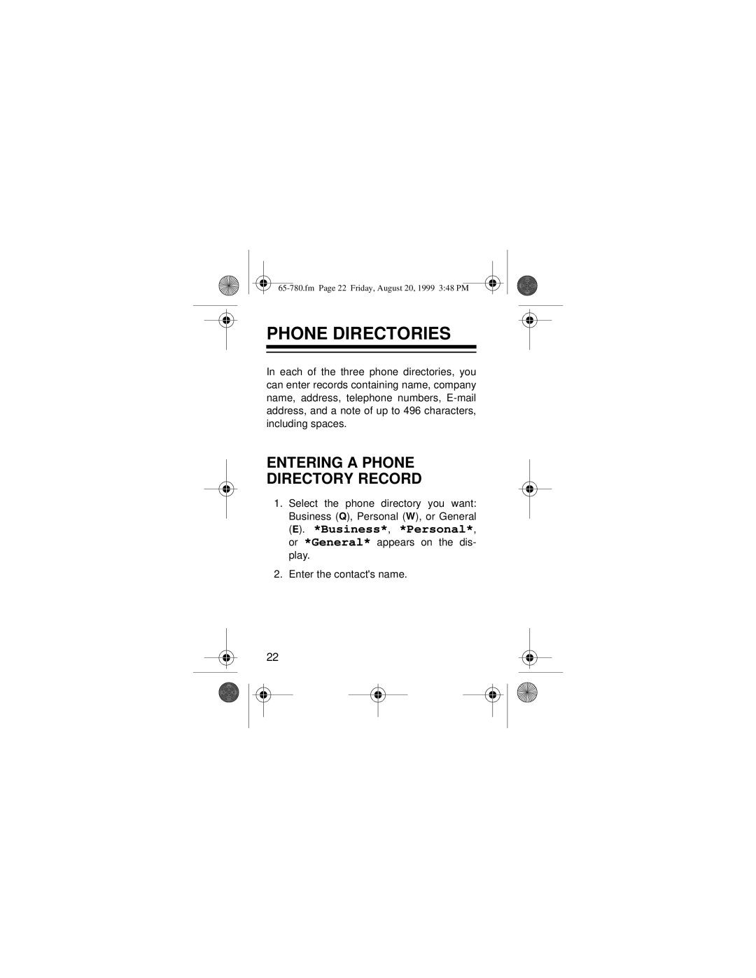 Radio Shack 65-780 owner manual Phone Directories, Entering a Phone Directory Record 