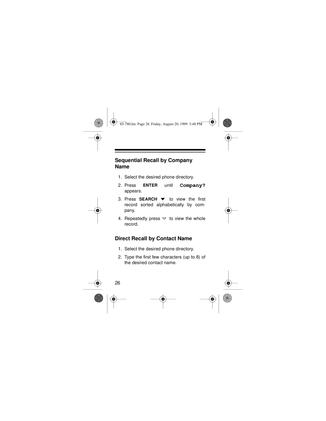 Radio Shack 65-780 owner manual Sequential Recall by Company Name, Direct Recall by Contact Name 