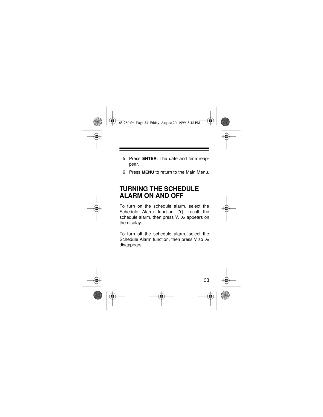 Radio Shack 65-780 owner manual Turning the Schedule Alarm on and OFF 