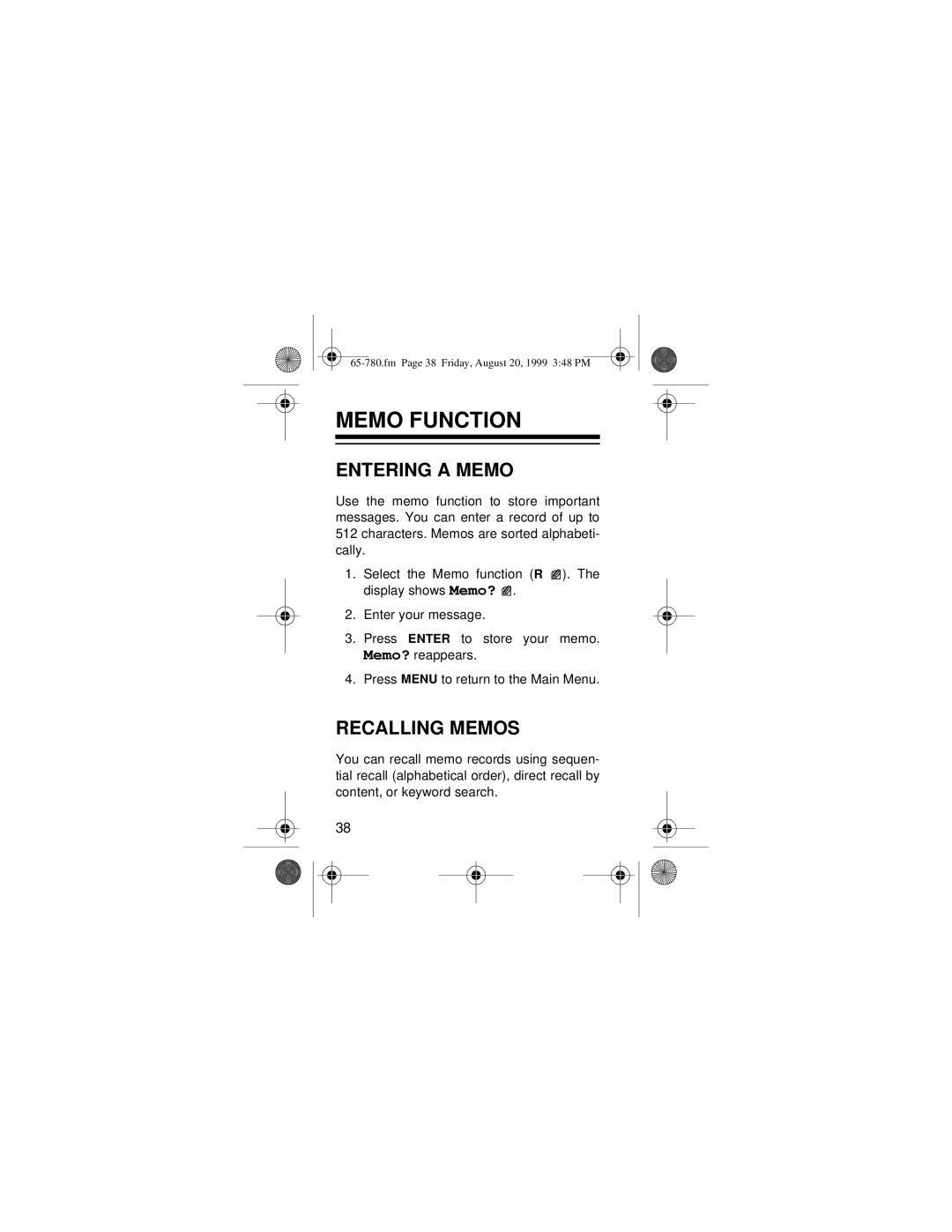 Radio Shack 65-780 owner manual Memo Function, Entering a Memo, Recalling Memos 