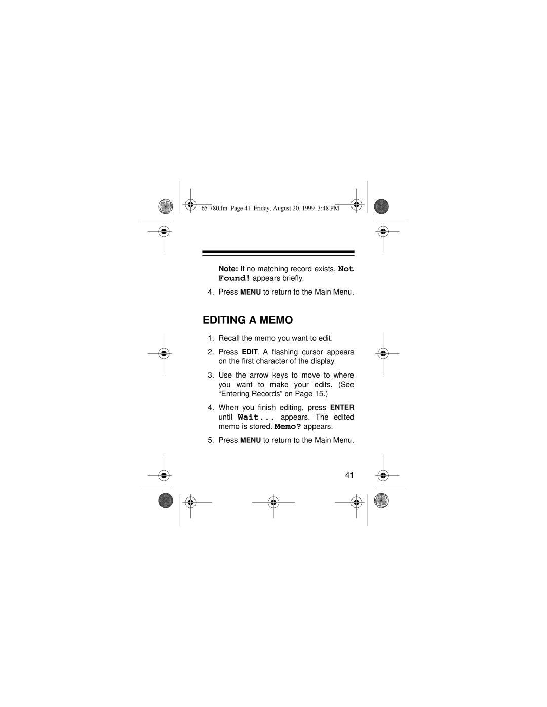 Radio Shack 65-780 owner manual Editing a Memo 