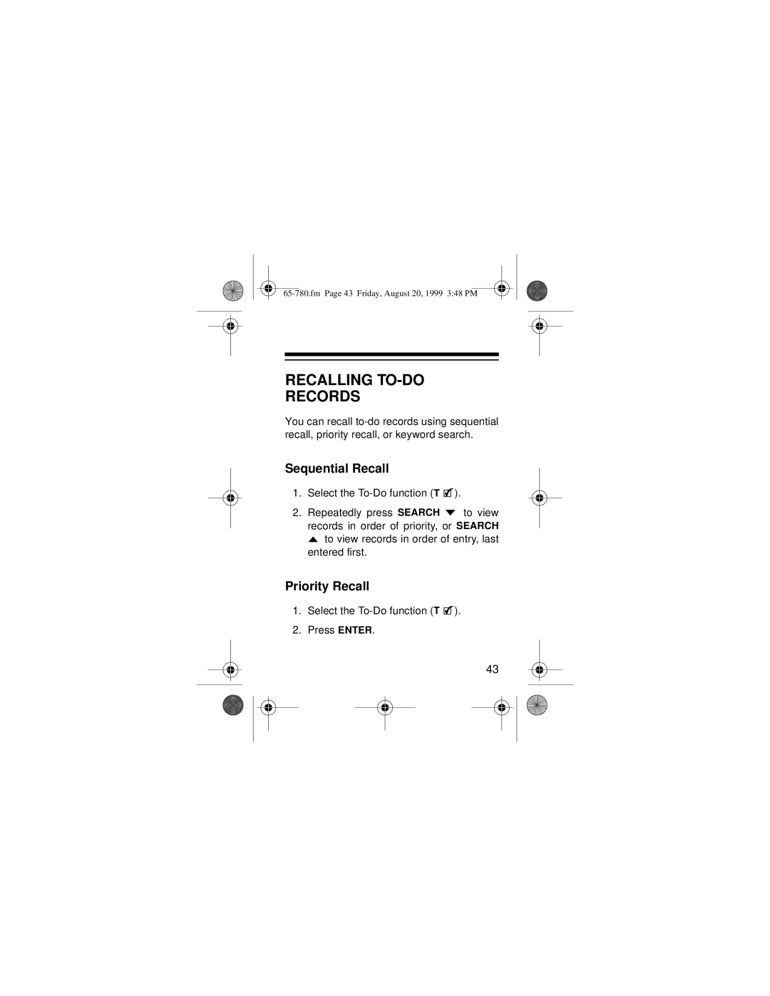 Radio Shack 65-780 owner manual Recalling TO-DO Records, Priority Recall 