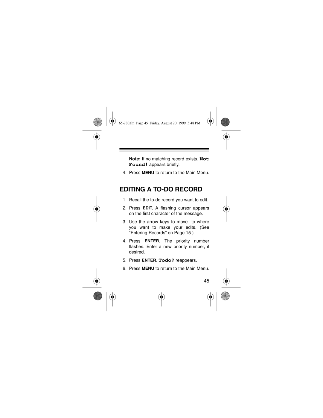 Radio Shack 65-780 owner manual Editing a TO-DO Record 