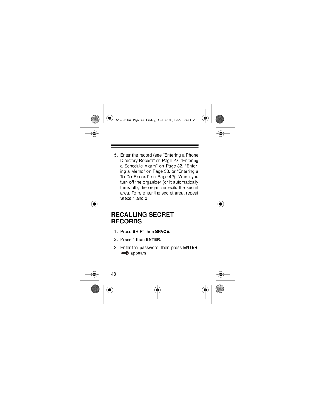 Radio Shack 65-780 owner manual Recalling Secret Records 