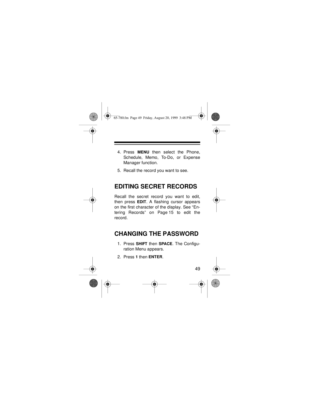 Radio Shack 65-780 owner manual Editing Secret Records, Changing the Password 