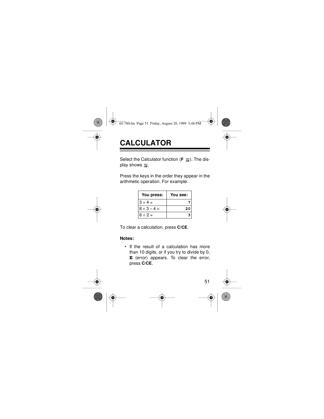 Radio Shack 65-780 owner manual Calculator, You press You see 