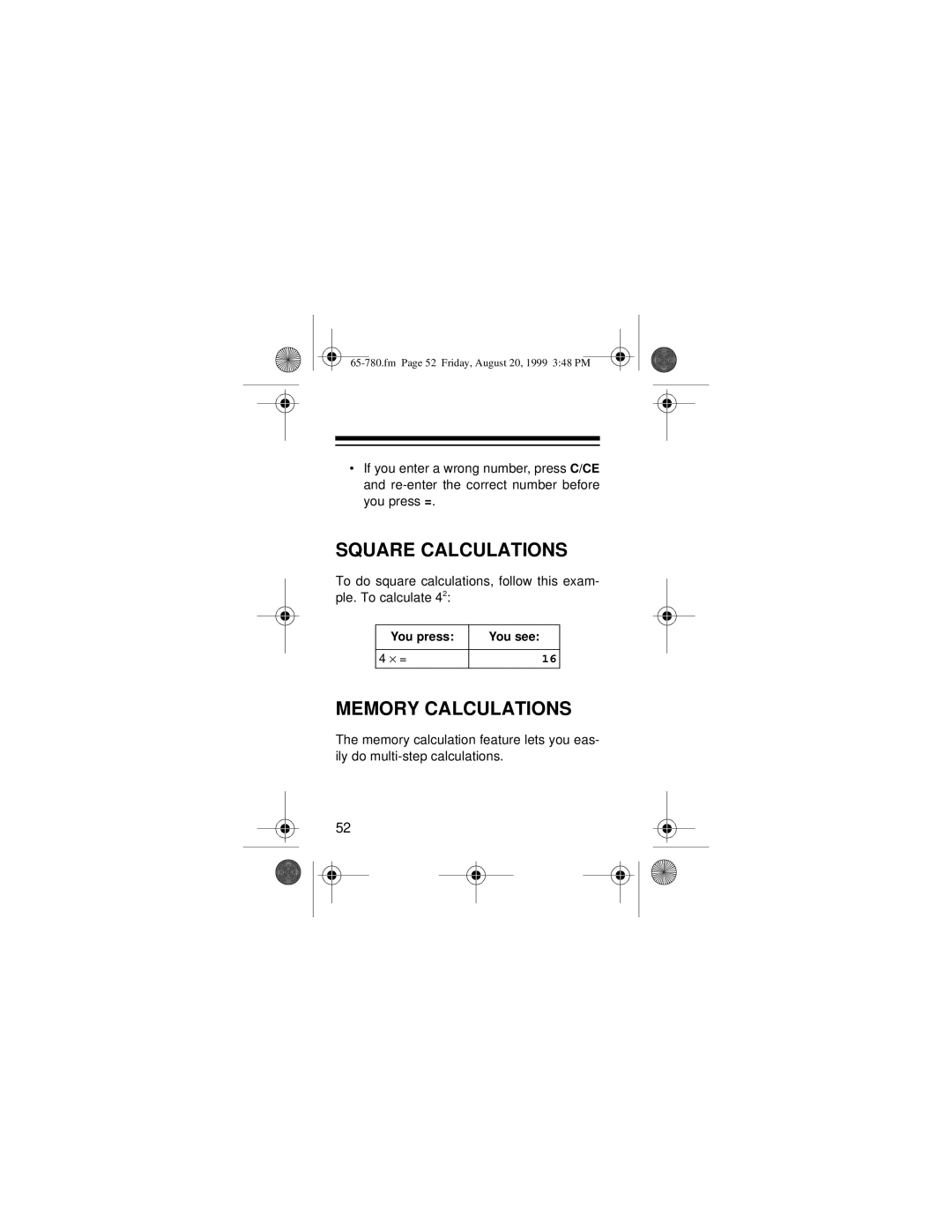 Radio Shack 65-780 owner manual Square Calculations, Memory Calculations 