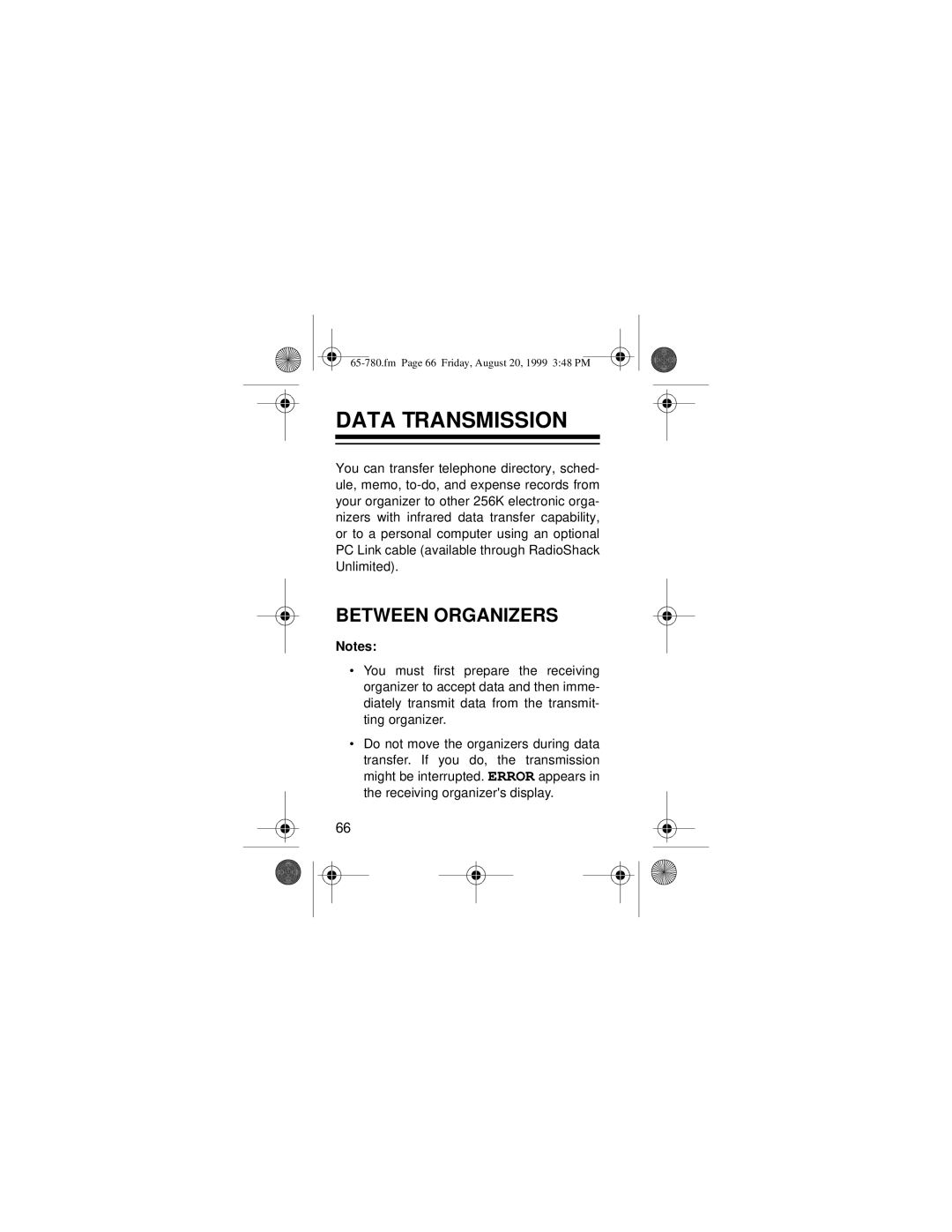 Radio Shack 65-780 owner manual Data Transmission, Between Organizers 