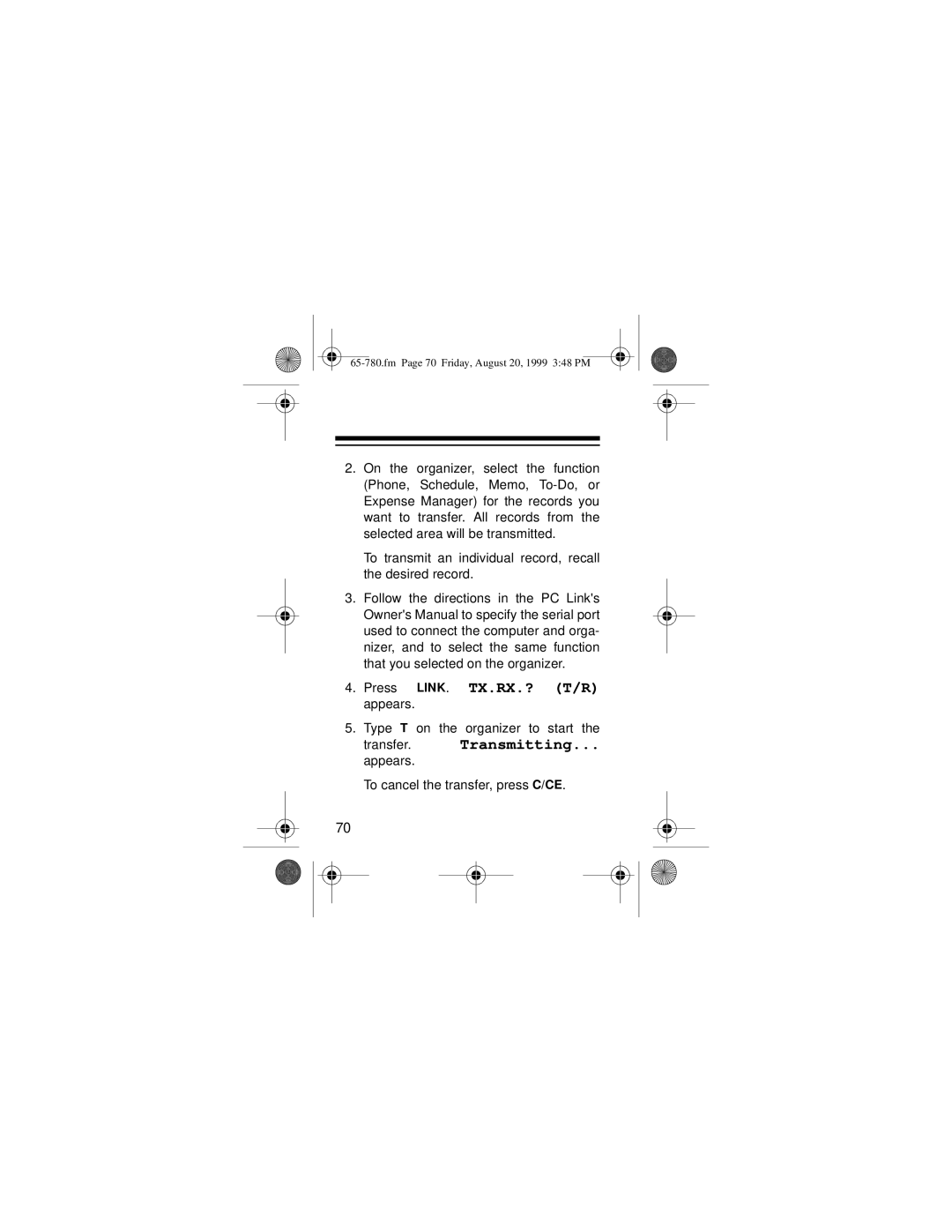 Radio Shack 65-780 owner manual Transfer. Transmitting 