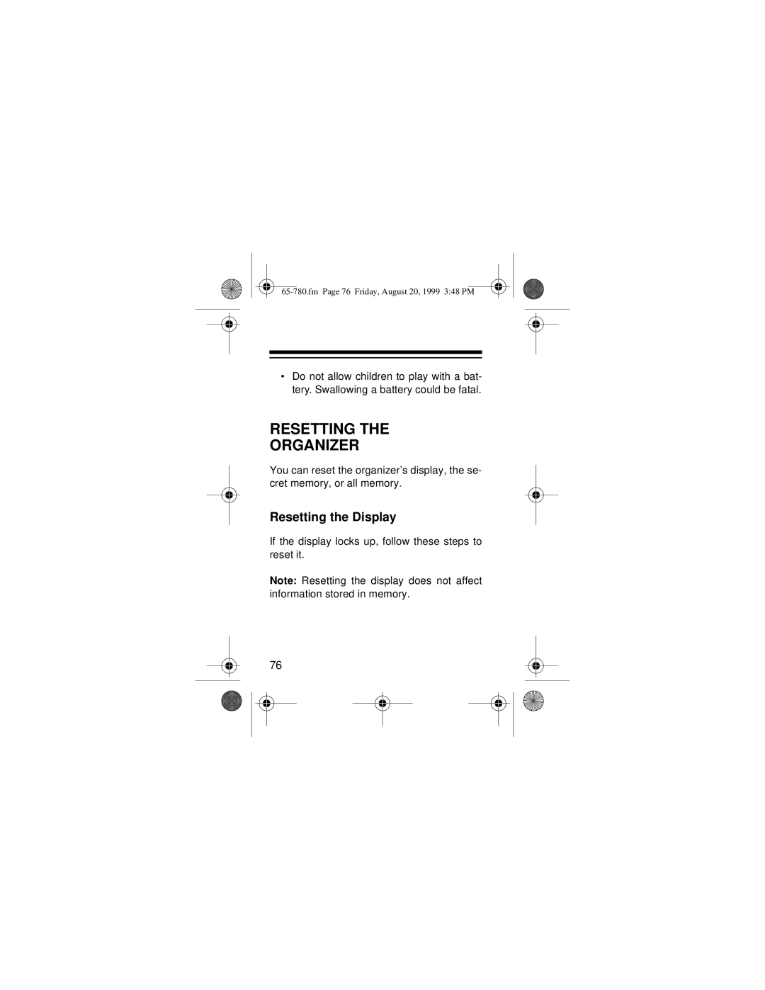 Radio Shack 65-780 owner manual Resetting Organizer, Resetting the Display 