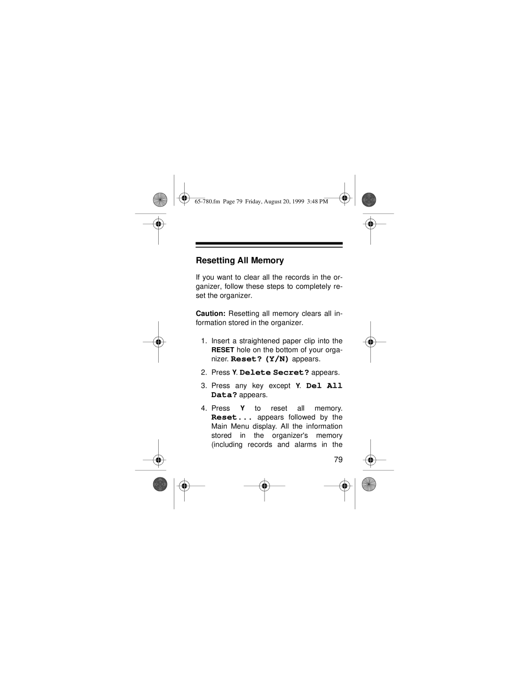 Radio Shack 65-780 owner manual Resetting All Memory 