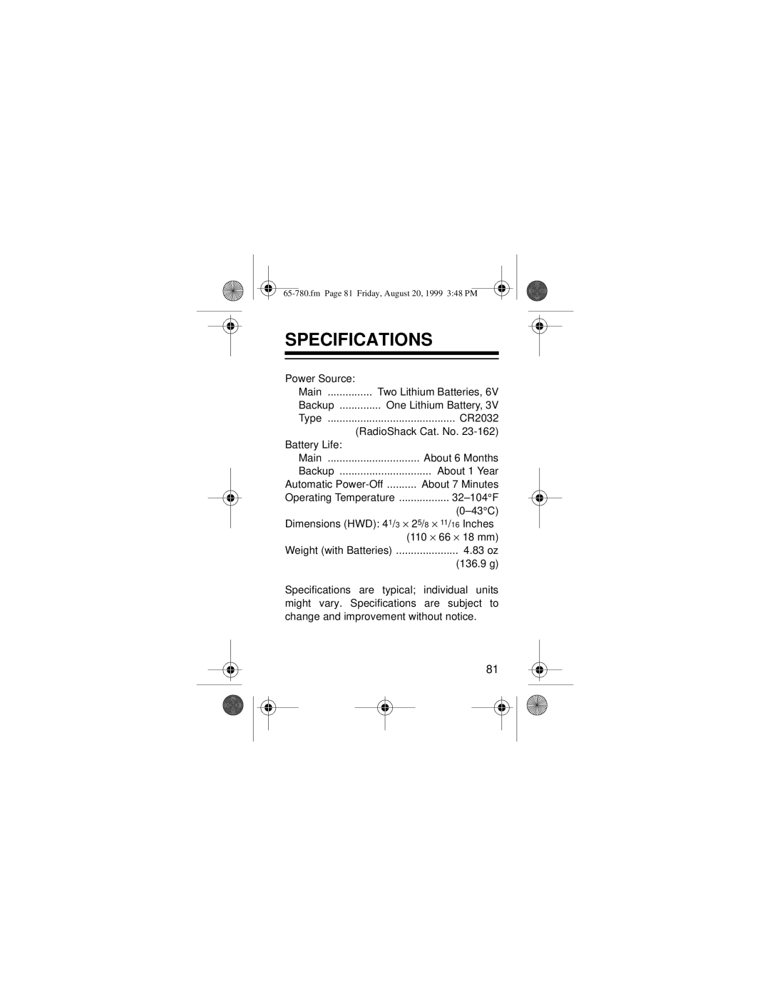 Radio Shack 65-780 owner manual Specifications 