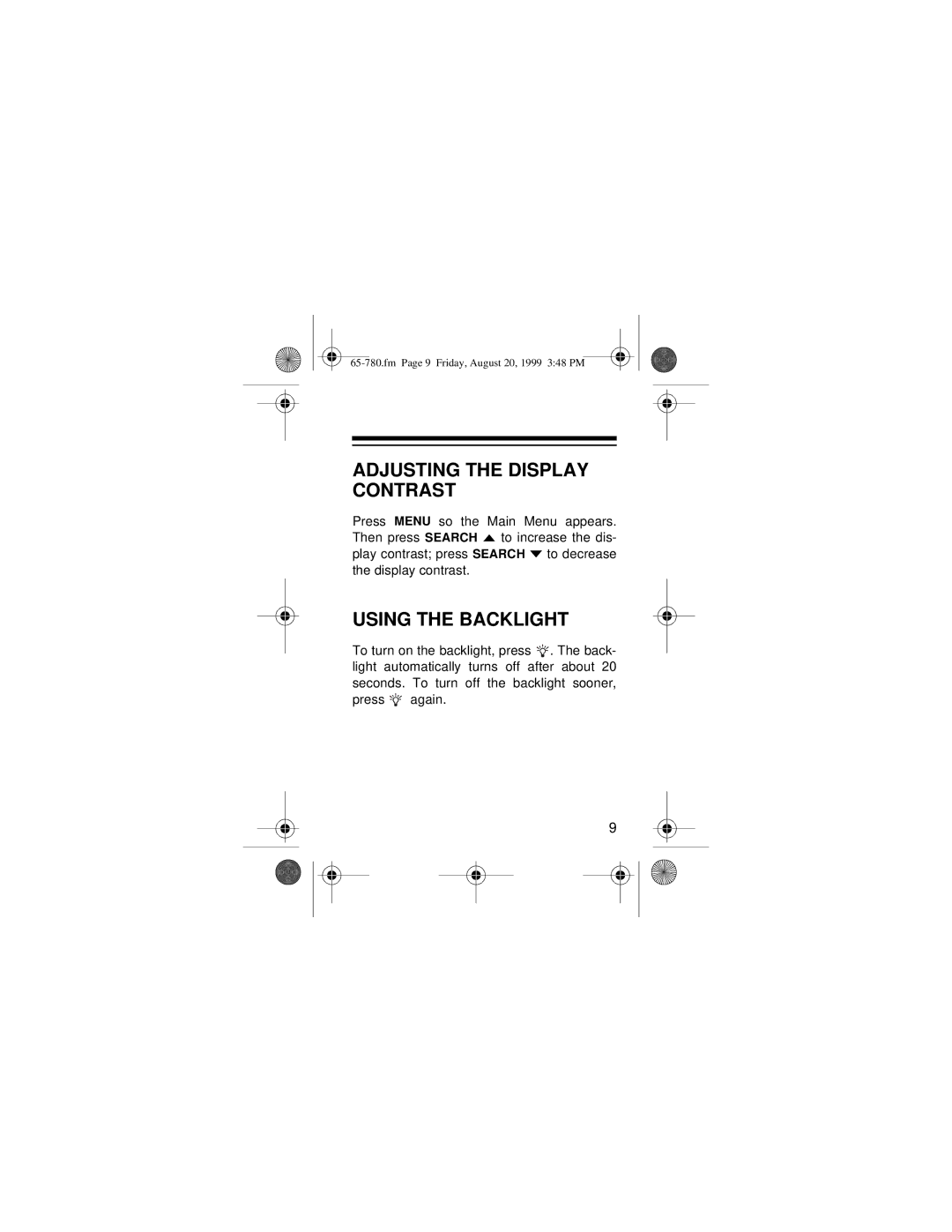 Radio Shack 65-780 owner manual Adjusting the Display Contrast, Using the Backlight 