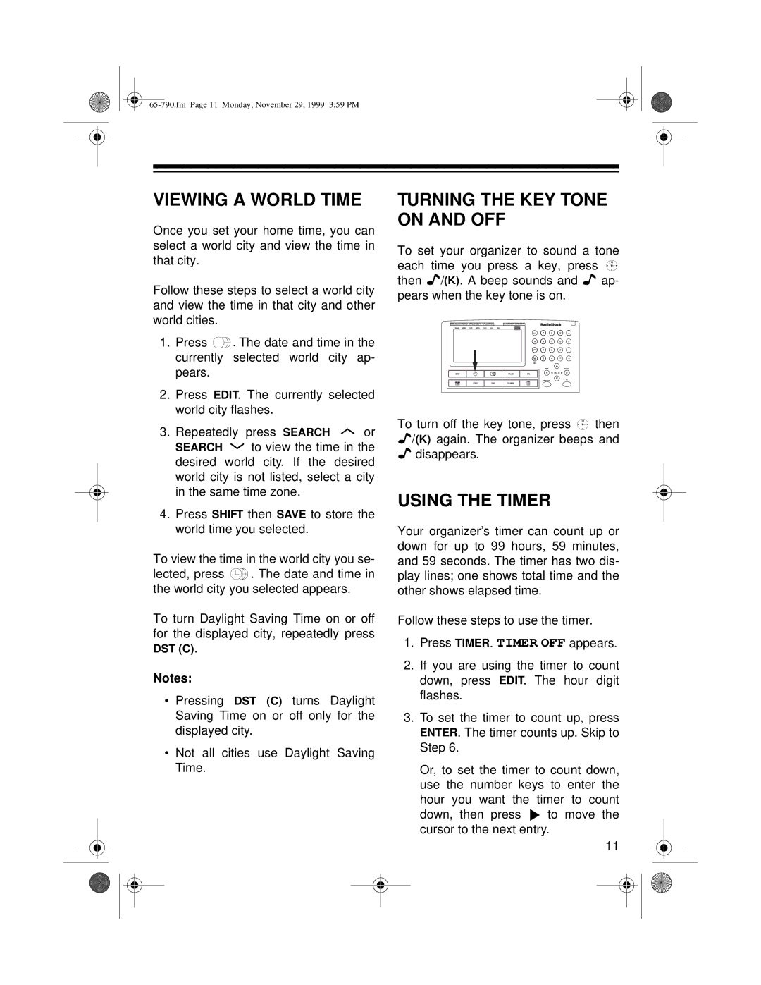 Radio Shack 65-790 owner manual Viewing a World Time, Turning the KEY Tone on and OFF, Using the Timer 