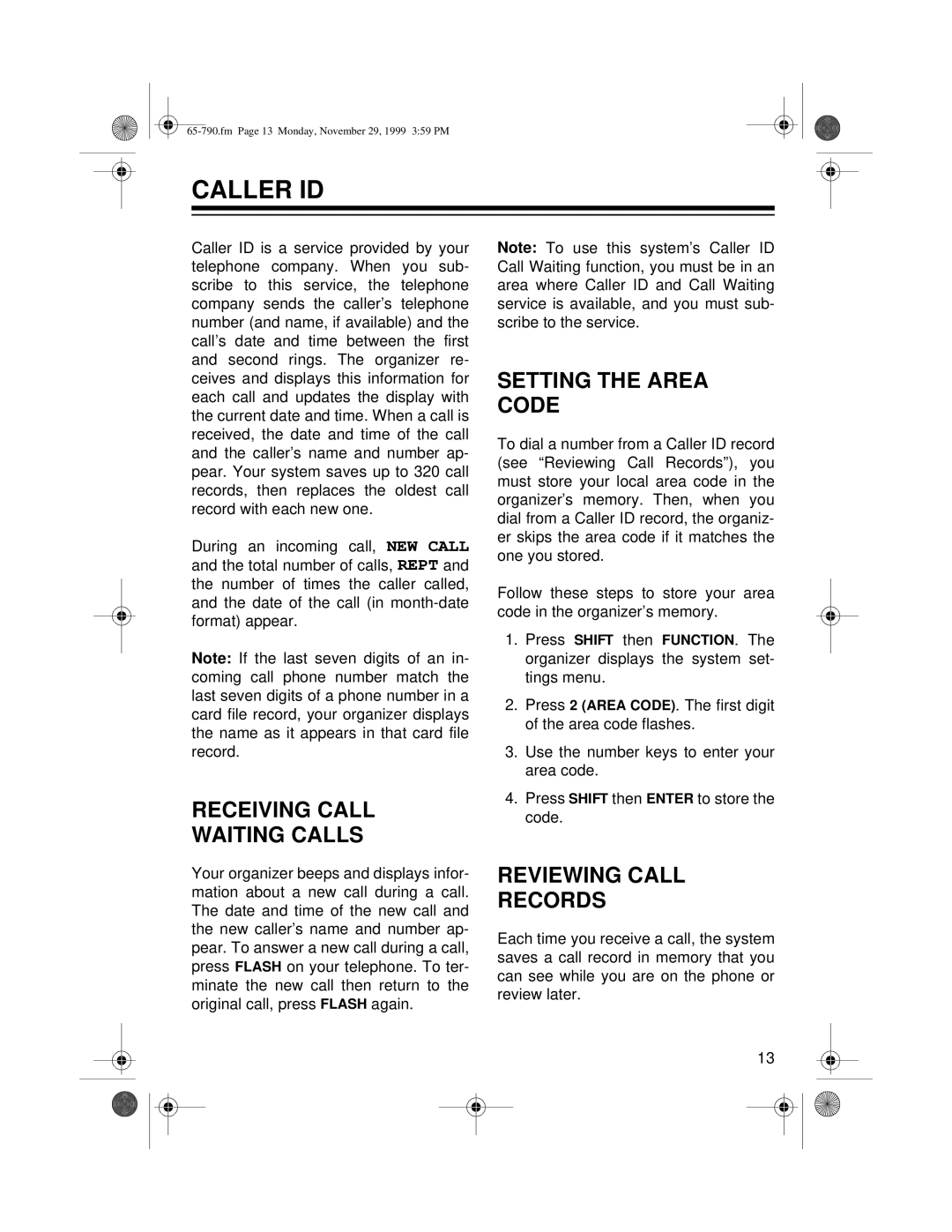 Radio Shack 65-790 owner manual Caller ID, Receiving Call Waiting Calls, Setting the Area Code, Reviewing Call Records 