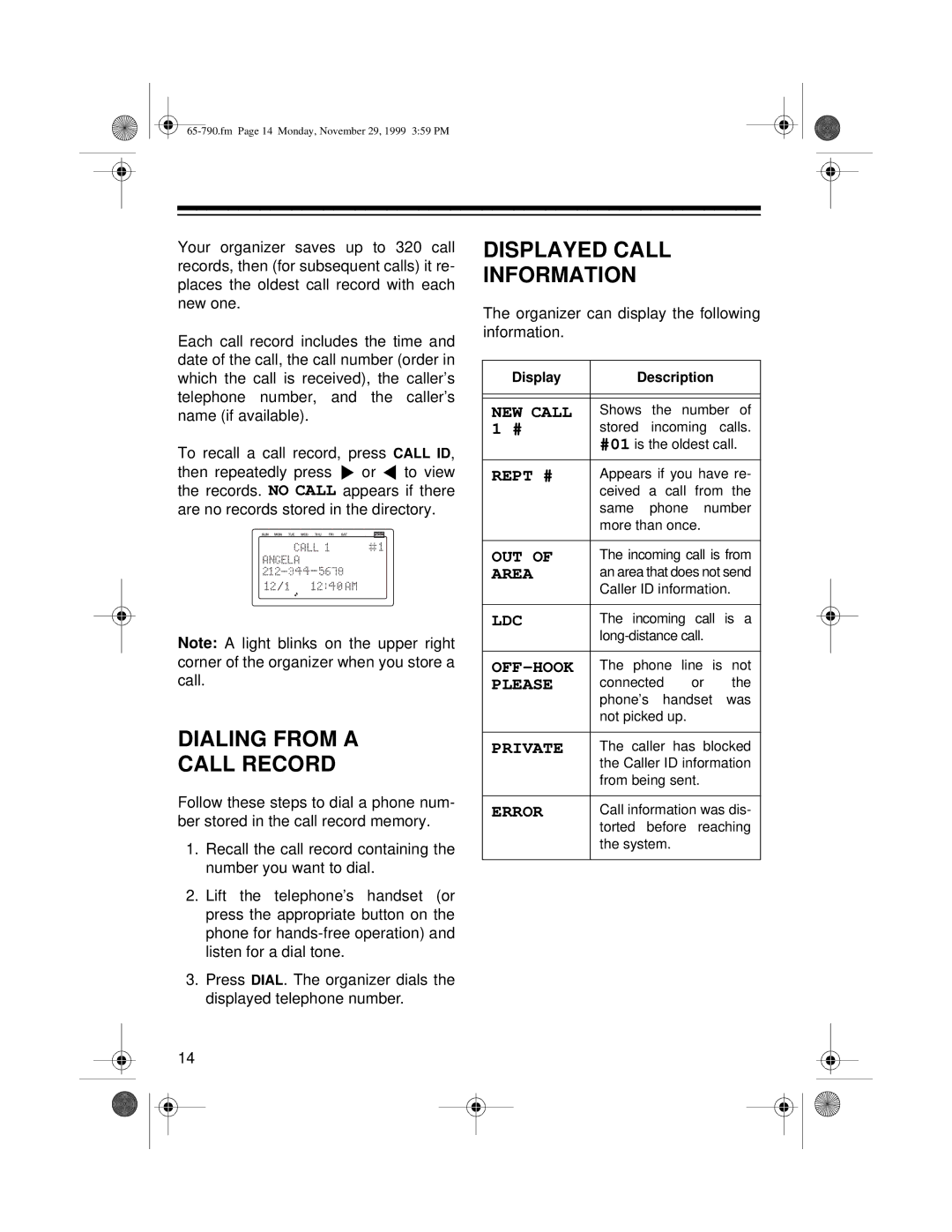 Radio Shack 65-790 owner manual Dialing from a Call Record, Displayed Call Information 