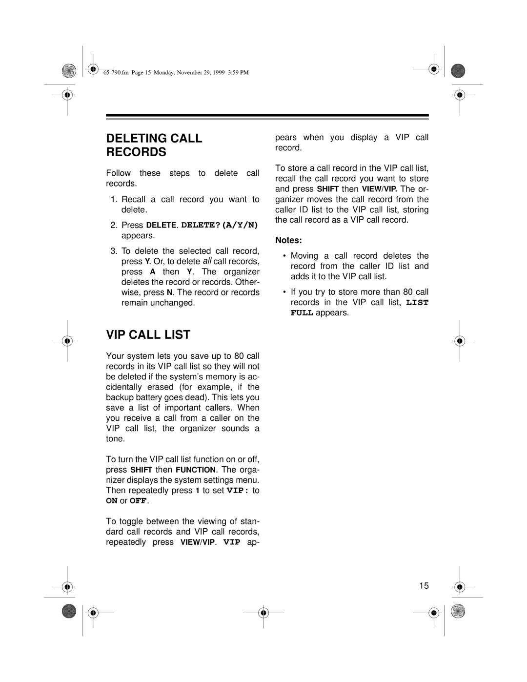 Radio Shack 65-790 owner manual Deleting Call Records, VIP Call List 