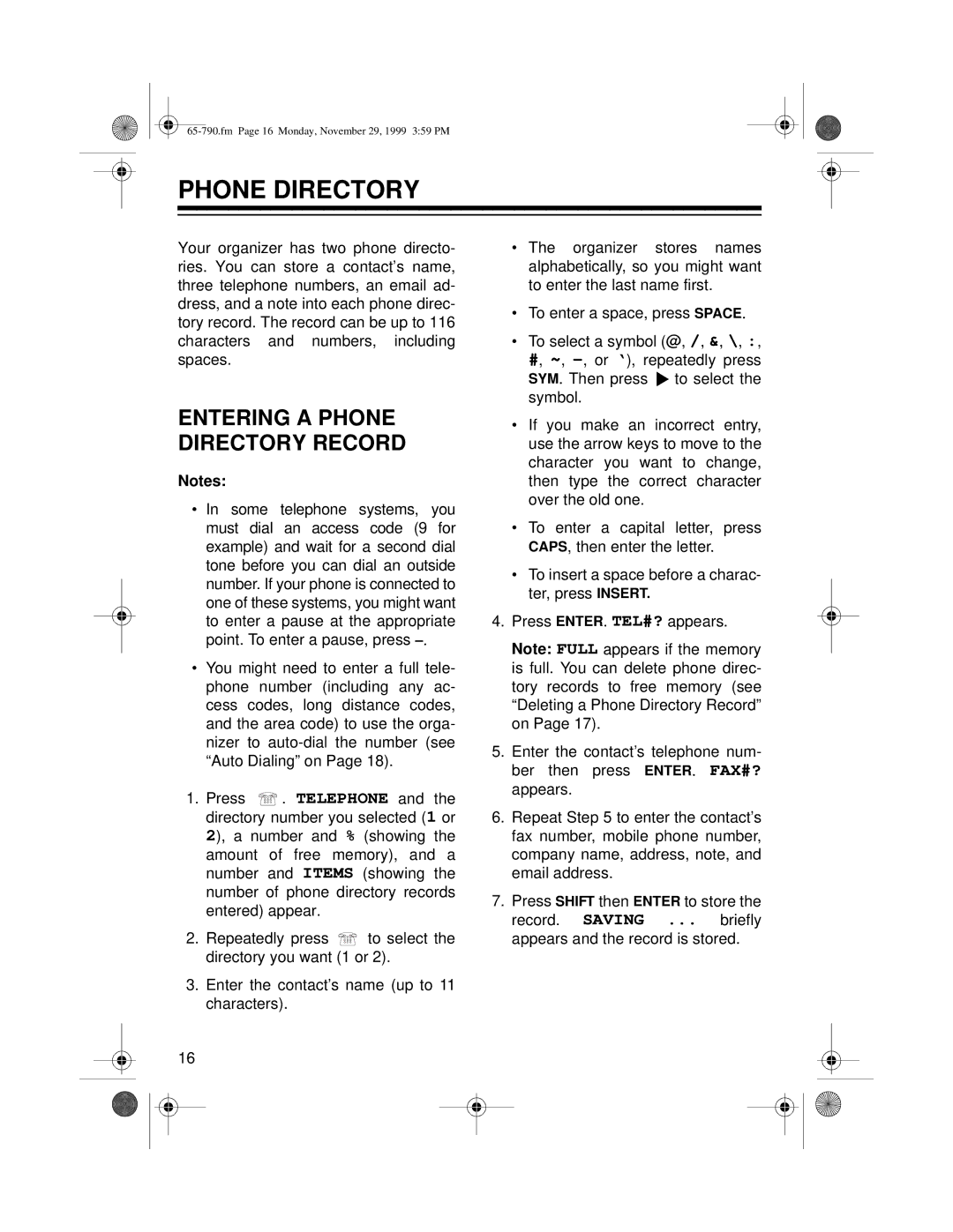 Radio Shack 65-790 owner manual Entering a Phone Directory Record 