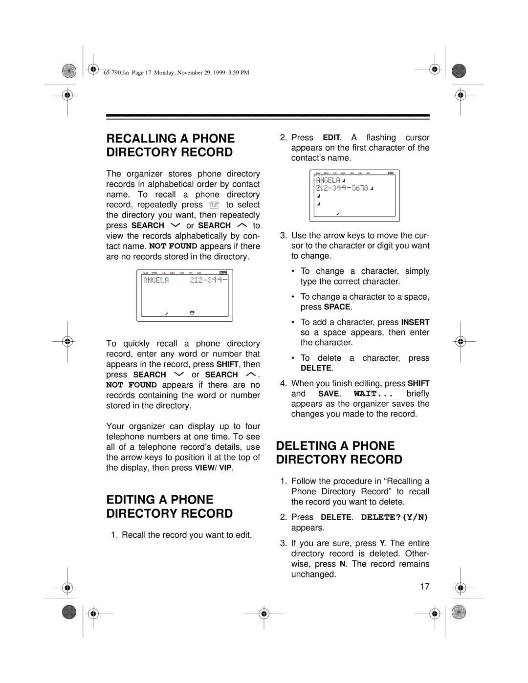 Radio Shack 65-790 Recalling a Phone Directory Record, Editing a Phone Directory Record, Deleting a Phone Directory Record 