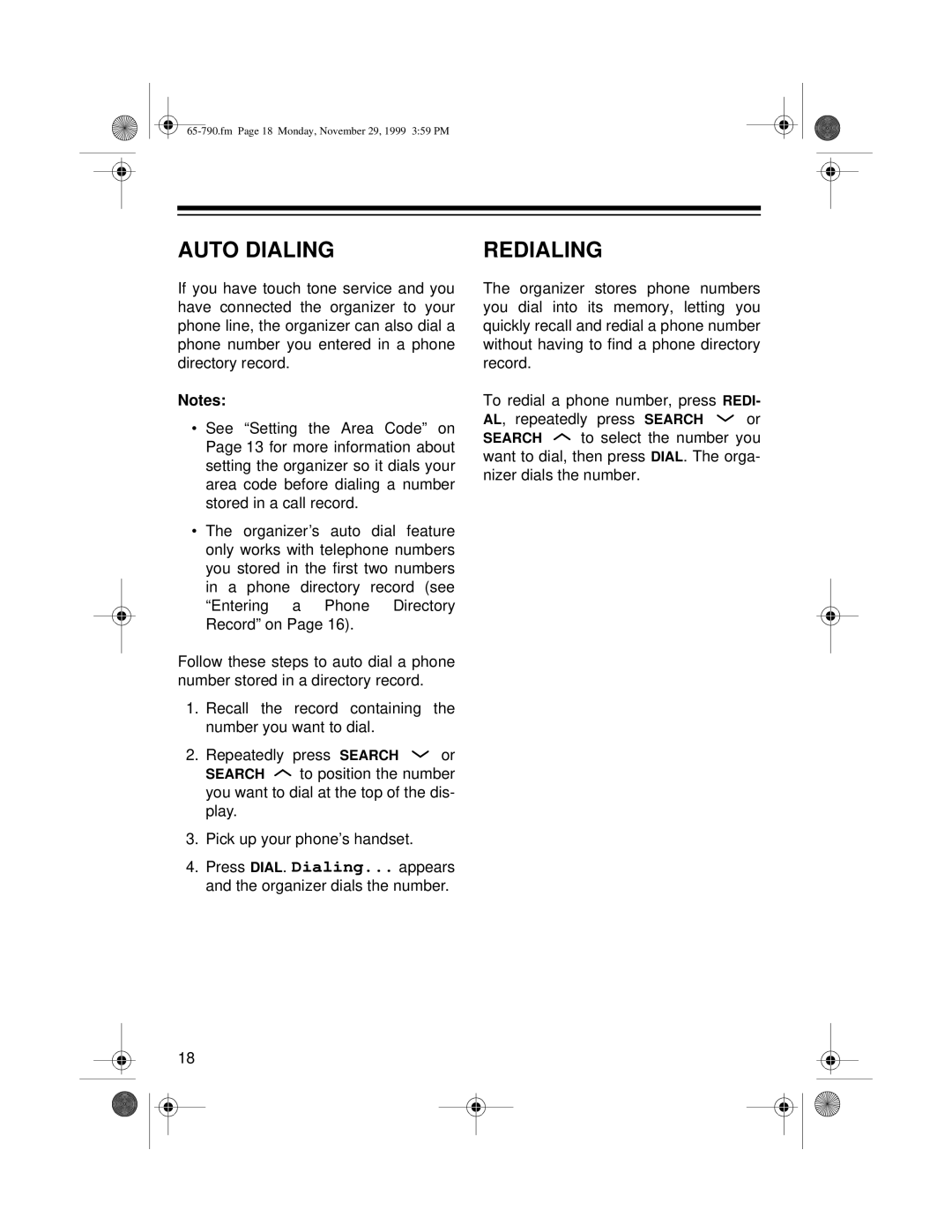 Radio Shack 65-790 owner manual Auto Dialing, Redialing 