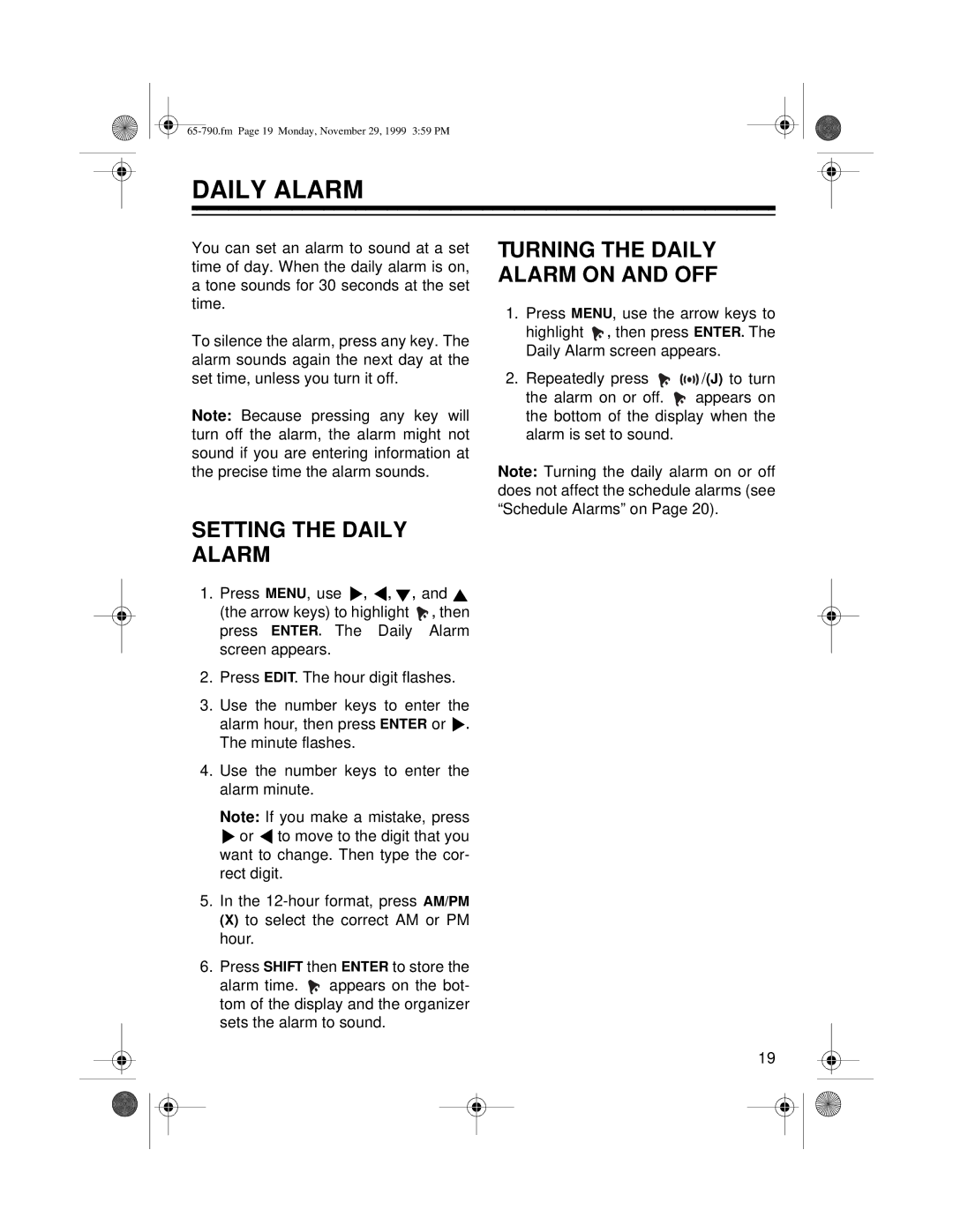 Radio Shack 65-790 owner manual Turning the Daily Alarm on and OFF, Setting the Daily Alarm 