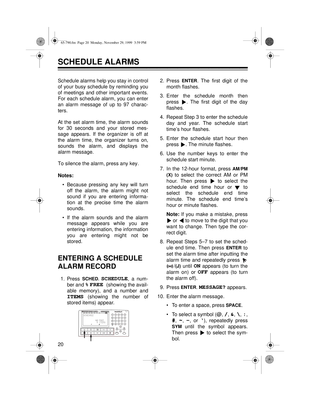 Radio Shack 65-790 owner manual Schedule Alarms, Entering a Schedule Alarm Record 