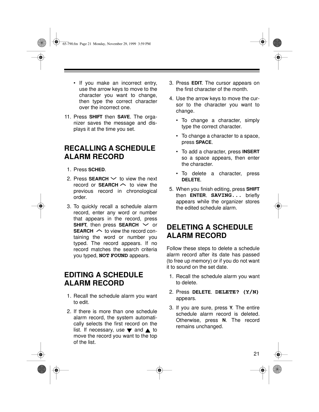 Radio Shack 65-790 owner manual Editing a Schedule Alarm Record, Deleting a Schedule Alarm Record 