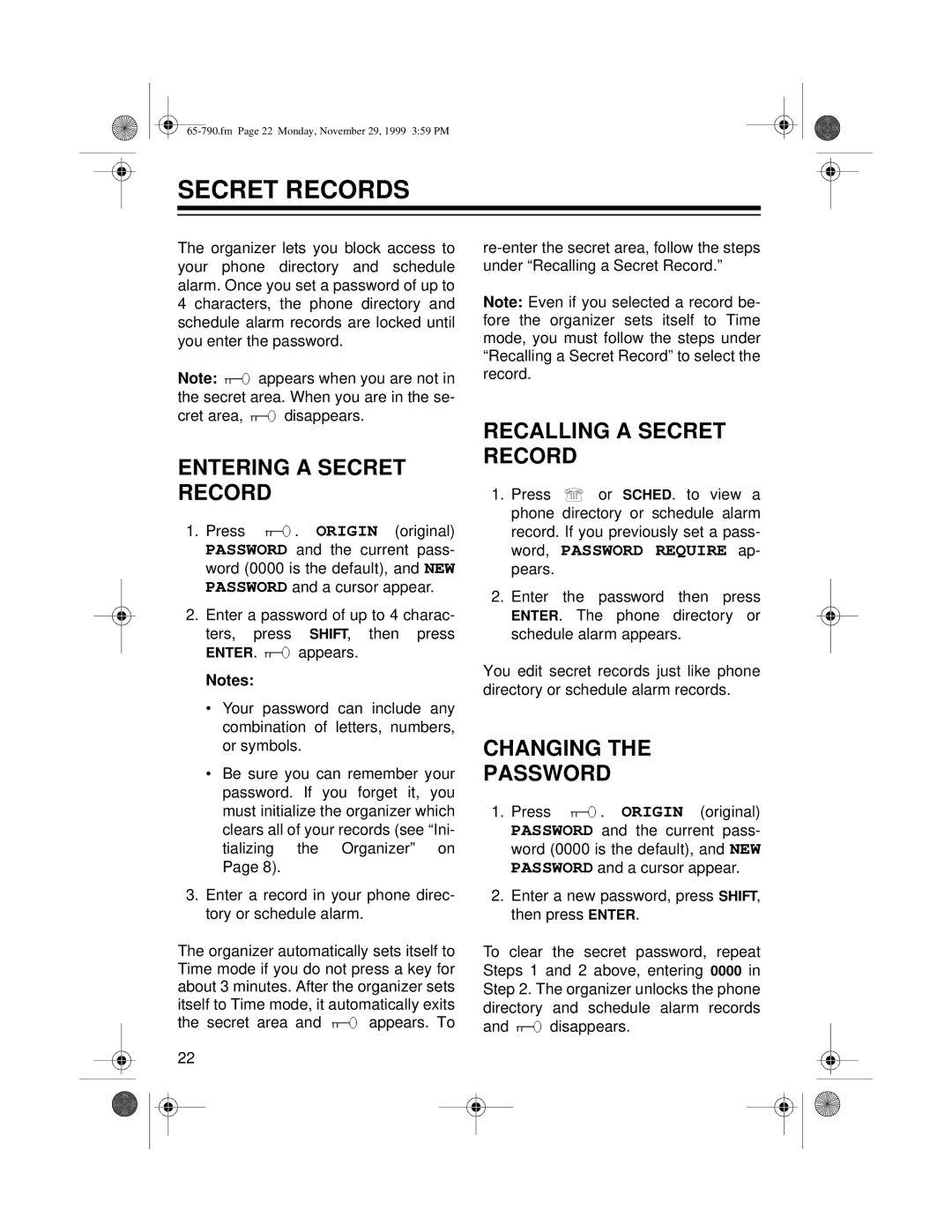 Radio Shack 65-790 owner manual Secret Records, Entering a Secret Record, Recalling a Secret Record, Changing Password 