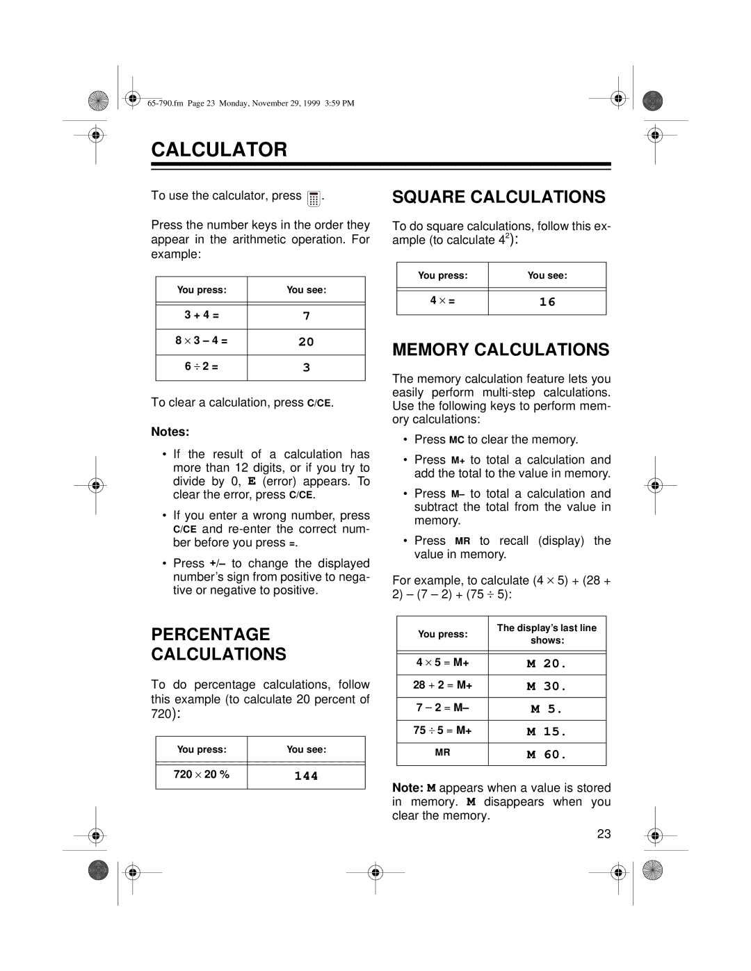 Radio Shack 65-790 owner manual Calculator, Percentage Calculations, Square Calculations, Memory Calculations 