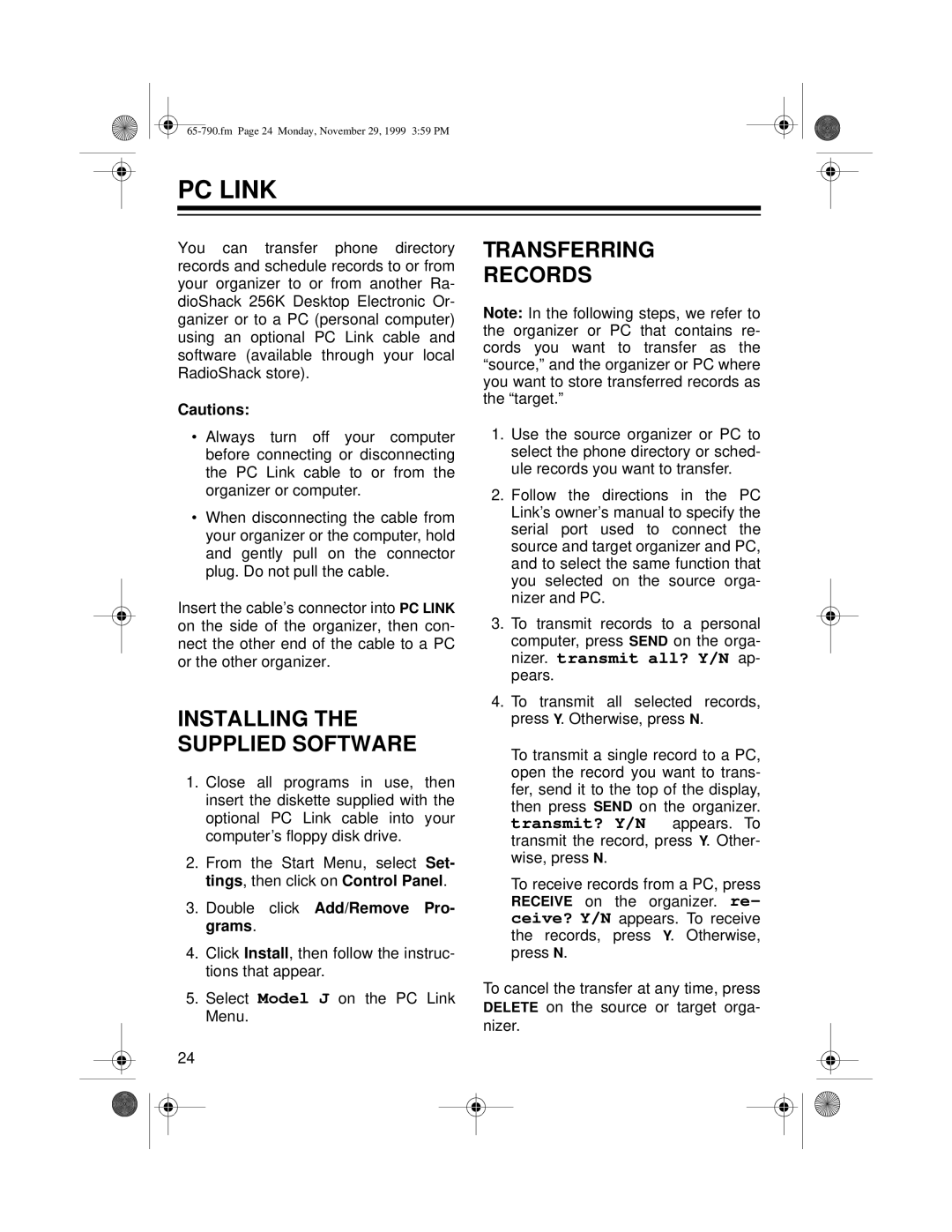 Radio Shack 65-790 owner manual PC Link, Installing the Supplied Software, Transferring Records 