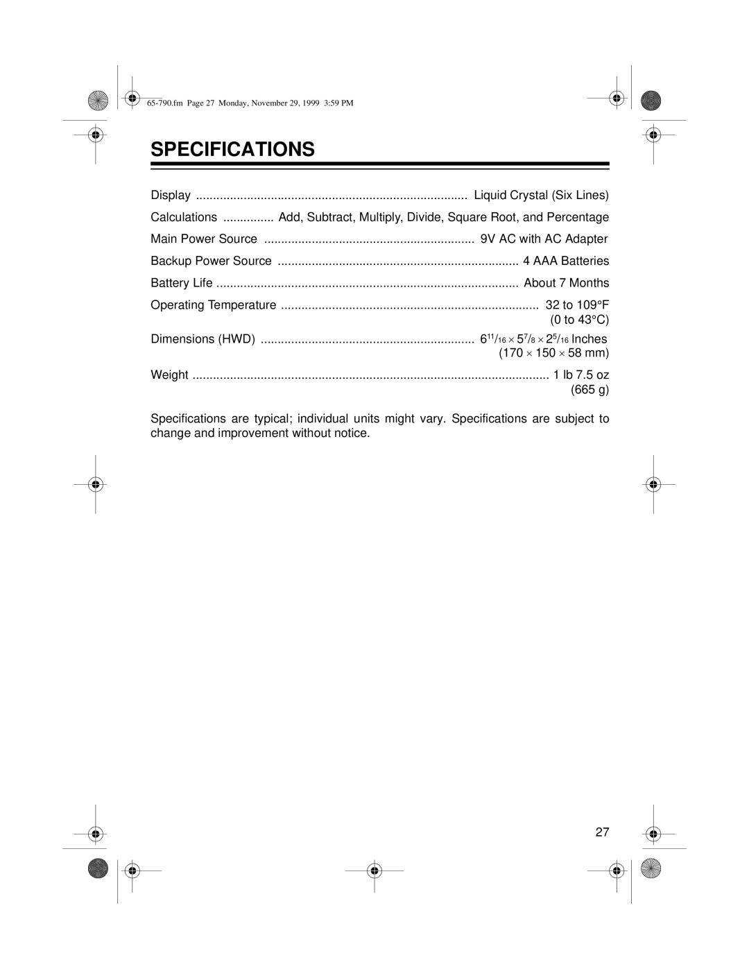 Radio Shack 65-790 owner manual Specifications 