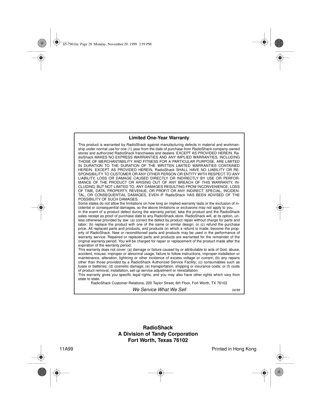 Radio Shack 65-790 owner manual RadioShack Division of Tandy Corporation Fort Worth, Texas 