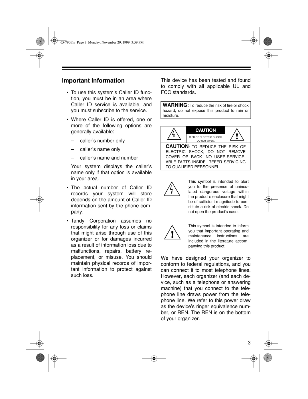 Radio Shack 65-790 owner manual Important Information 