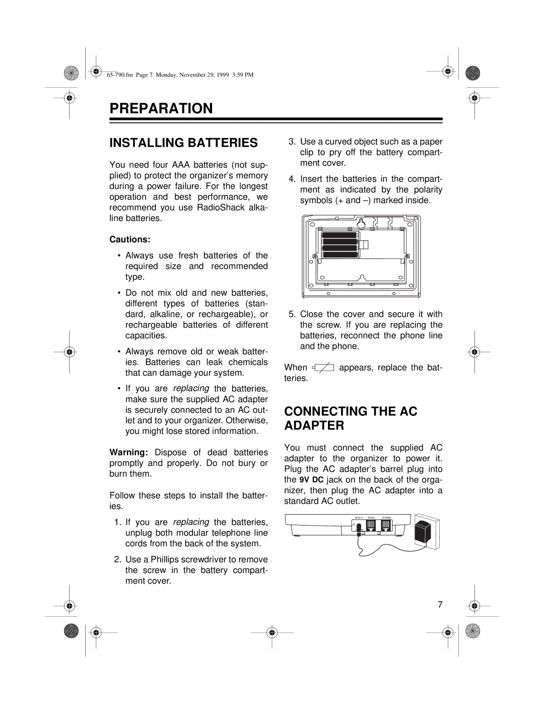 Radio Shack 65-790 owner manual Preparation, Installing Batteries, Connecting the AC Adapter 