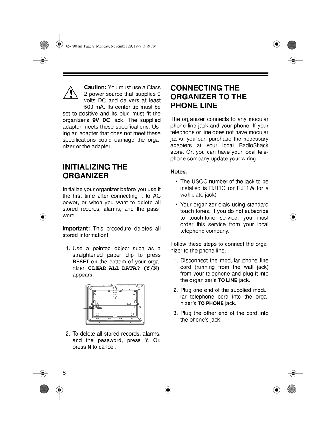 Radio Shack 65-790 owner manual Initializing Organizer, Connecting the Organizer to the Phone Line 