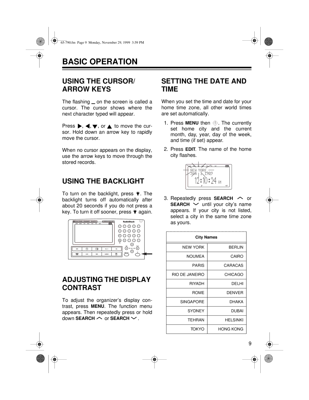 Radio Shack 65-790 Basic Operation, Using the CURSOR/ Arrow Keys, Using the Backlight, Adjusting the Display Contrast 