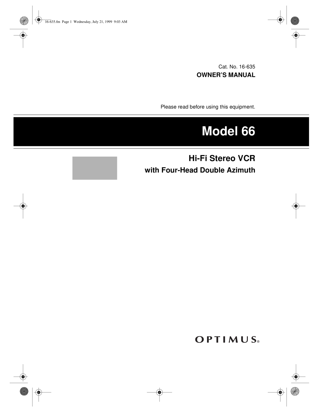 Radio Shack 66 owner manual Hi-Fi Stereo VCR, with Four-Head Double Azimuth, Owner’S Manual, Model 