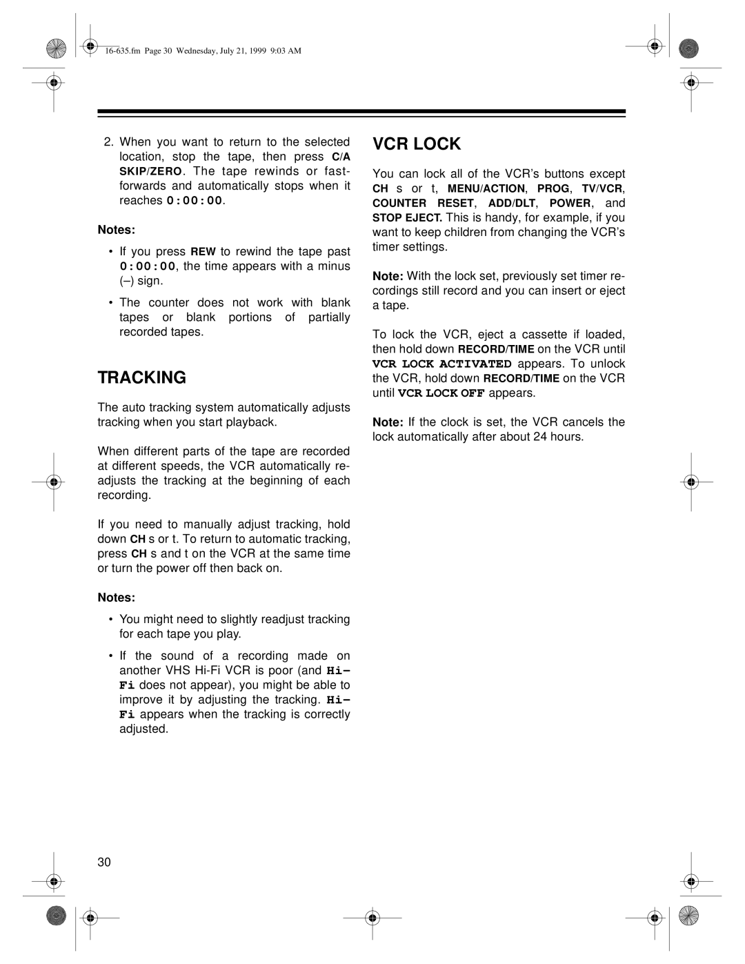 Radio Shack 66 owner manual Tracking, Vcr Lock 