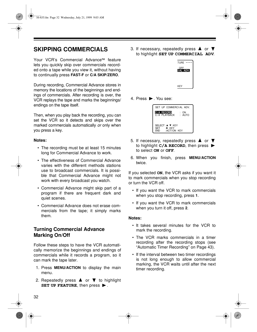 Radio Shack 66 owner manual Skipping Commercials, Turning Commercial Advance Marking On/Off 